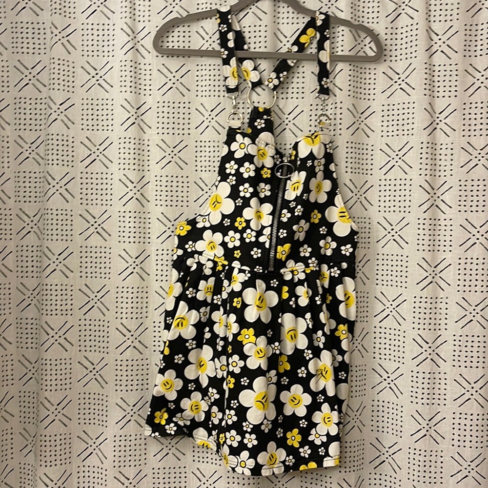 Current mood overall mini dress flower smiley